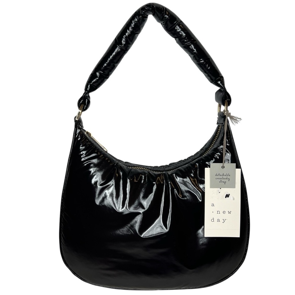 NEW A New Day Modern BLACK Shiny Puffy Shoulder Bag Hobo Detachable Strap Y2K